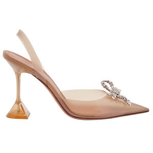 Amina Muaddi Rosie Glass Bow PVC Nude Crystal Slingback Sandal Heel Pump 38.5